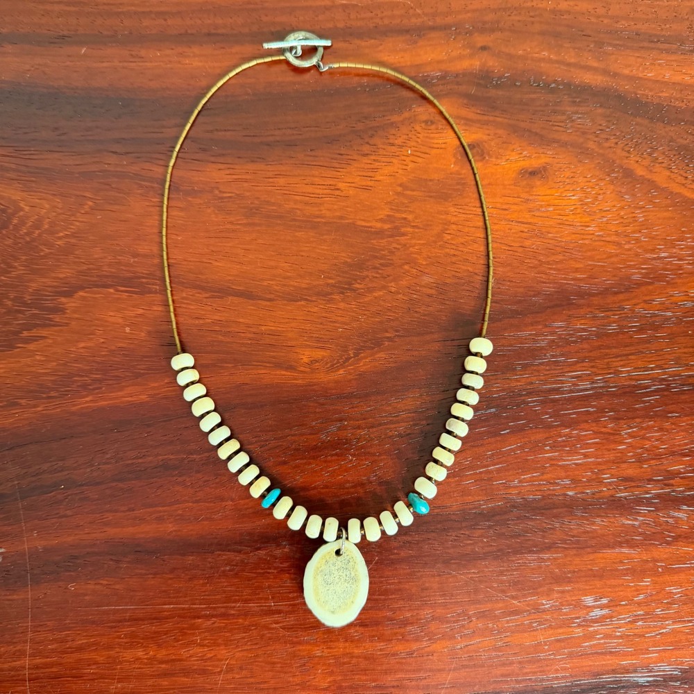 Vintage Southwestern Antler Pendant Necklace Bone Turquoise Beads Toggle 18 In